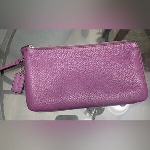 Coach Double zipped plum purple pebbled Leather wristlet